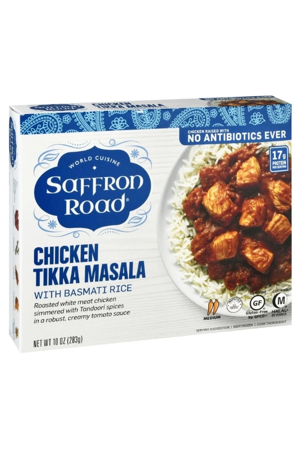 A box of saffron road chicken tikki marsala with basmati rice.