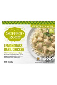 A box of saffron road lemongrass basil chicken with basmati rice.
