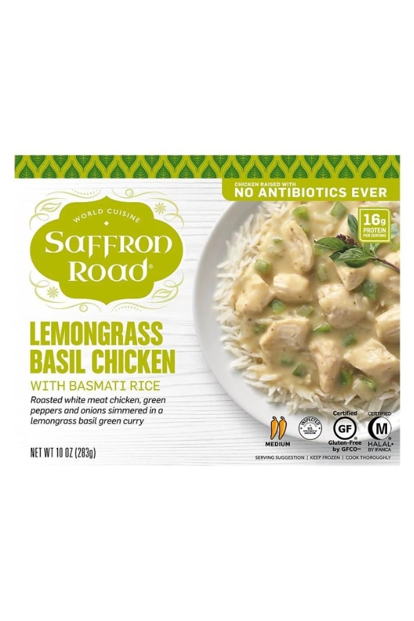 A box of saffron road lemongrass basil chicken with basmati rice.