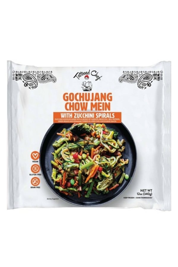 A bag of tatooed chef gochuanj chow mein.