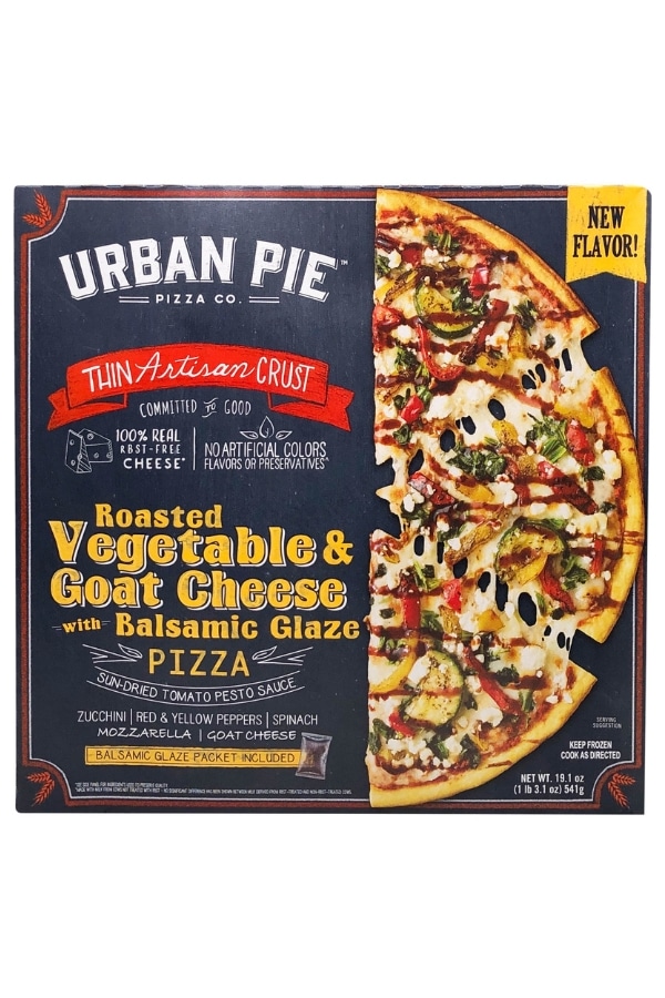 A box of urban pie roasted vegetable and goat cheese with balsamic glaze pizza.