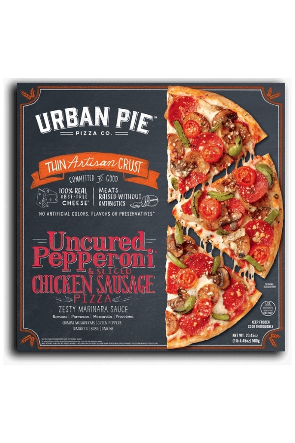 A box of urban pie uncured pepperoni and chicken sausage pizza.