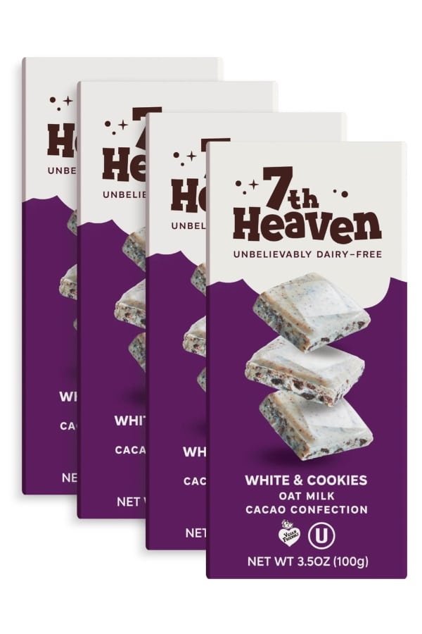 Four packs of 7th heaven white and cookies oat milk chocolate.