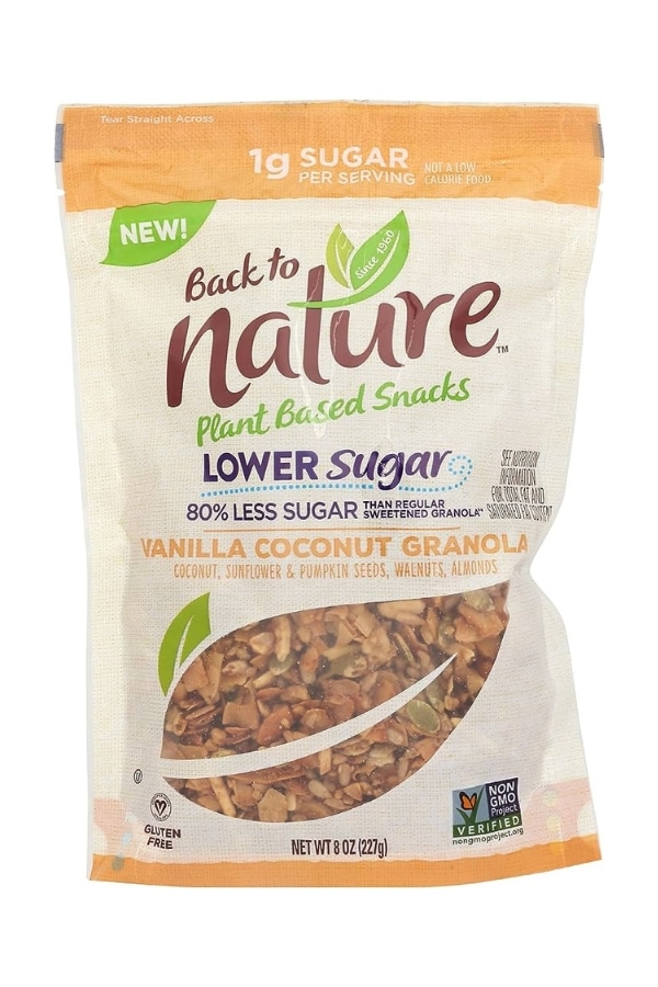 A bag of Back to Nature Lower Sugar Granola vanilla coconut granola.