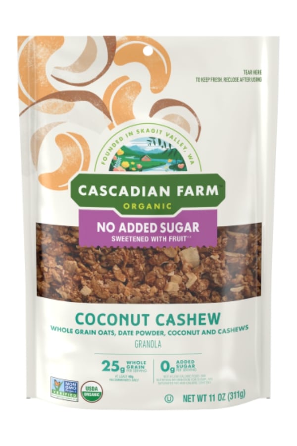 A bag of Cascadian Farm No Added Sugar Organic Granola coconut cashew flavor.