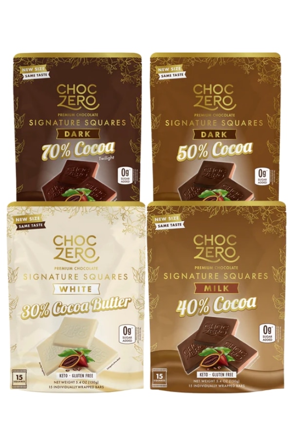 Four boxes of Choc Zero signature chocolate squares.