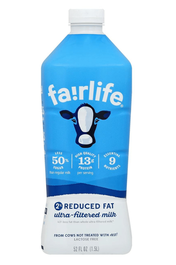 A bottle of Fairlife 2% Reduced Fat Ultra-Filtered Milk.