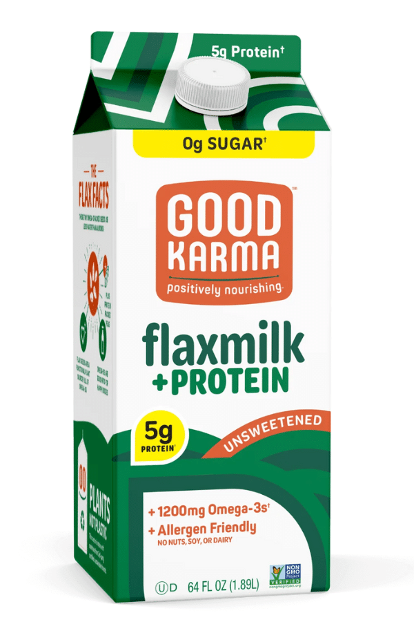 A carton of Good Karma Flax Milk + Protein unsweetened milk.