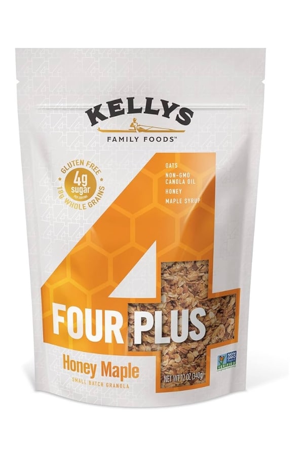 A bag of Kelly's Family Foods Four Plus honey maple flavor.