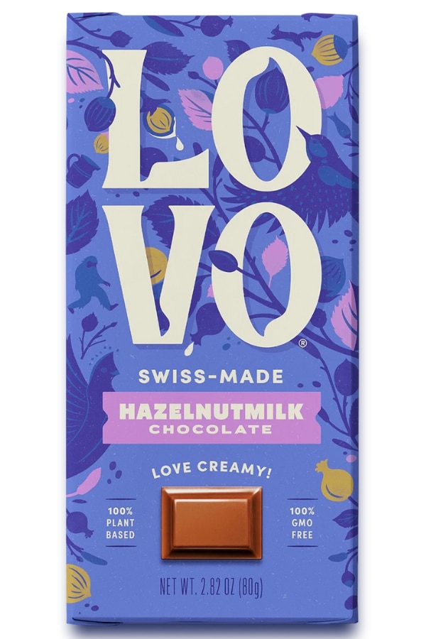 A pack of Lovo swiss made hazelnut milk chocolate bar.