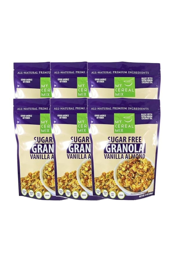 Six bags of My Cereal Mix Sugar Free Granola vanilla almond flavor.