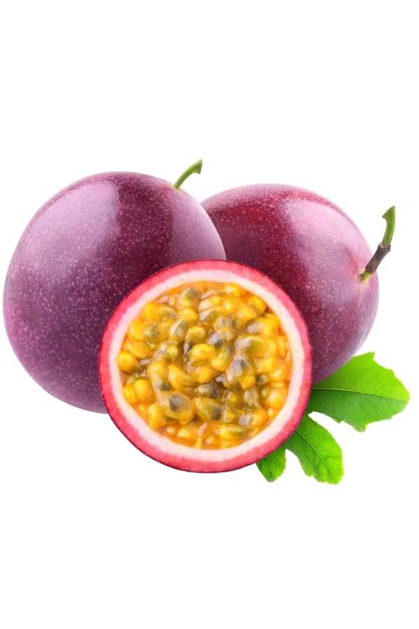 A half of a passion fruit with two whole passion fruits behind it.