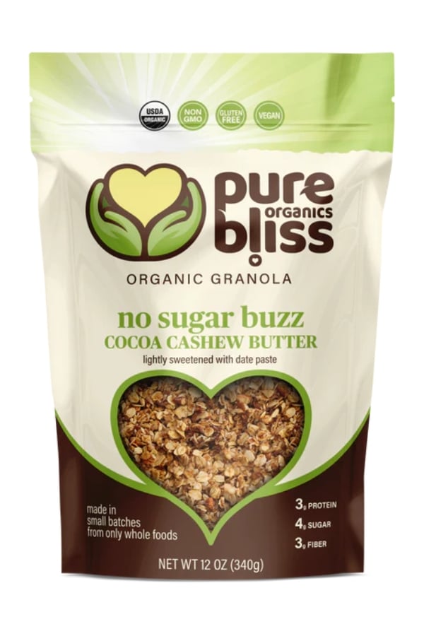 A bag of Pure Bliss Organics No Sugar Buzz cocoa cashew butter flavor.