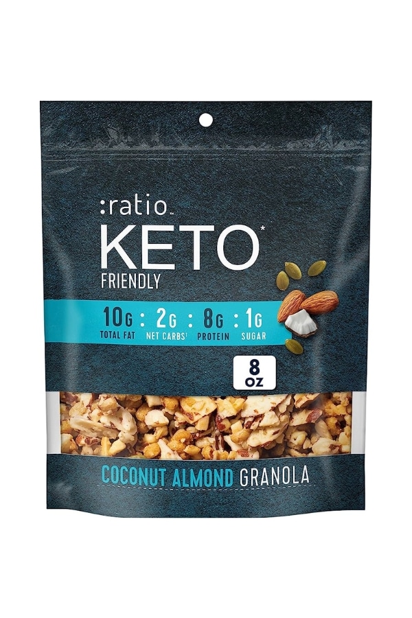 A bag of Ratio Keto Friendly Coconut Almond Granola.