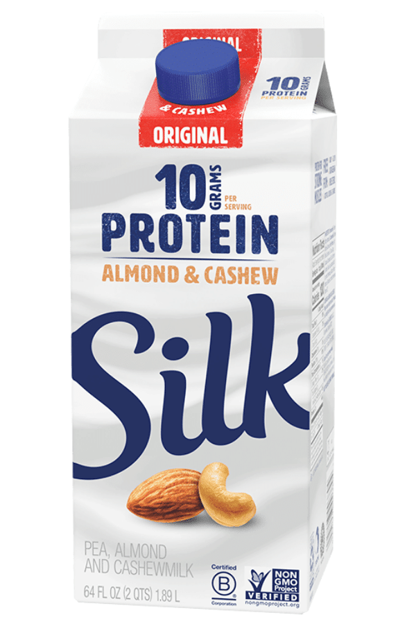 A carton of Silk Almond & Cashew Protein Milk.