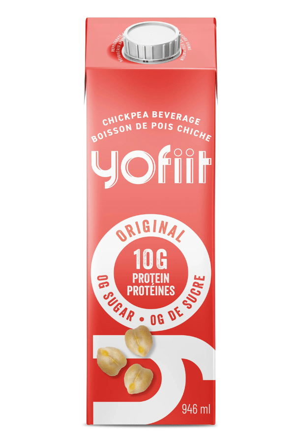 A red bottle of Yofitt original chickpea beverage.