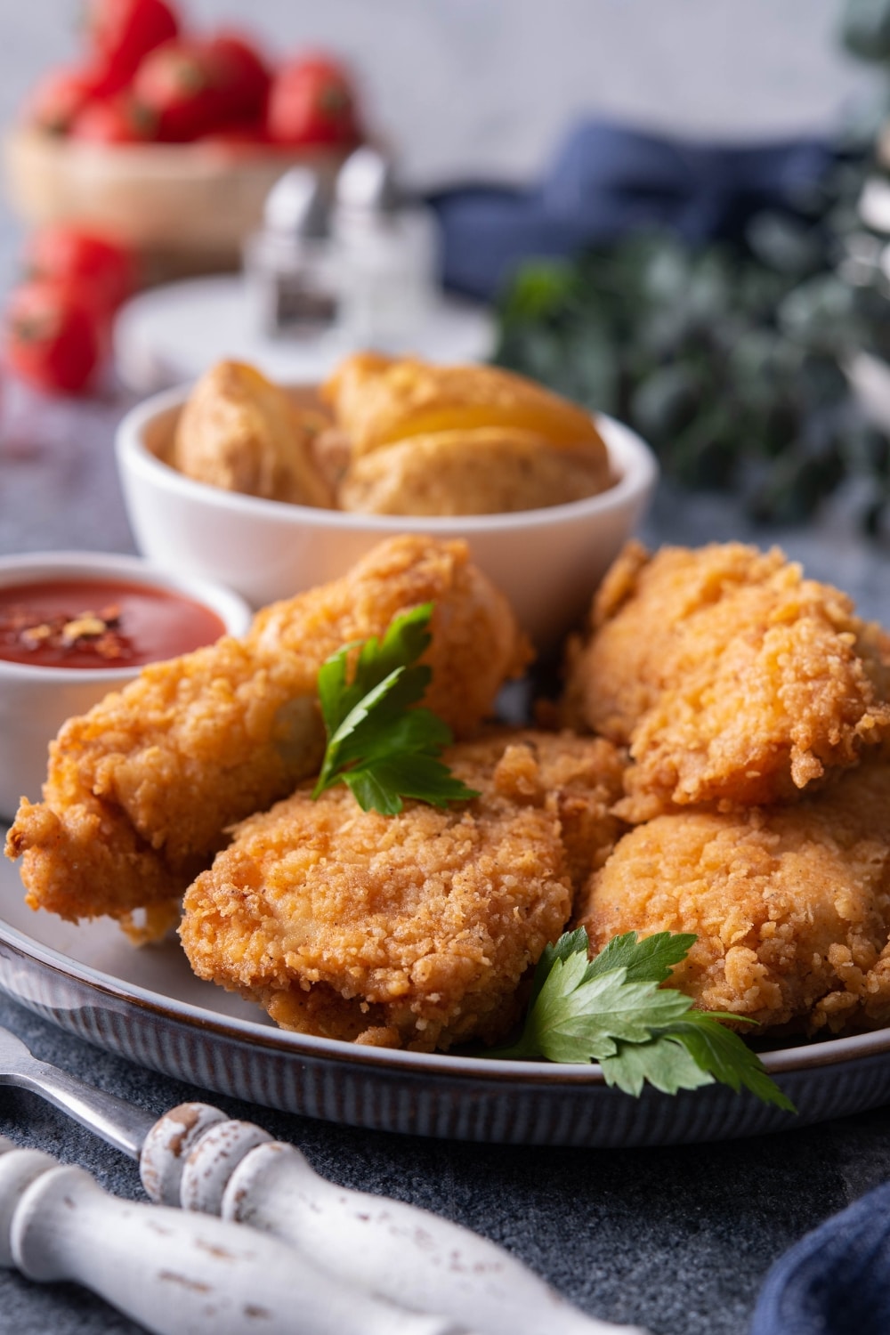 Part of a grey plate with four chicken tenders on it.