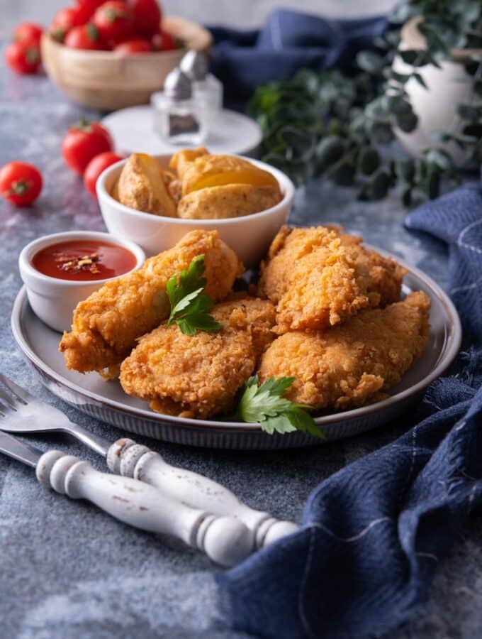 Four chicken tenders overlapping one another on a grey plate that has a bowl of ketchup and a bowl of potato wedges on it.