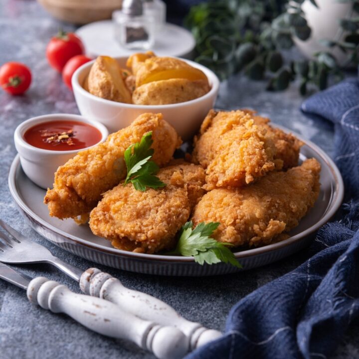 Four chicken tenders overlapping one another on a grey plate that has a bowl of ketchup and a bowl of potato wedges on it.