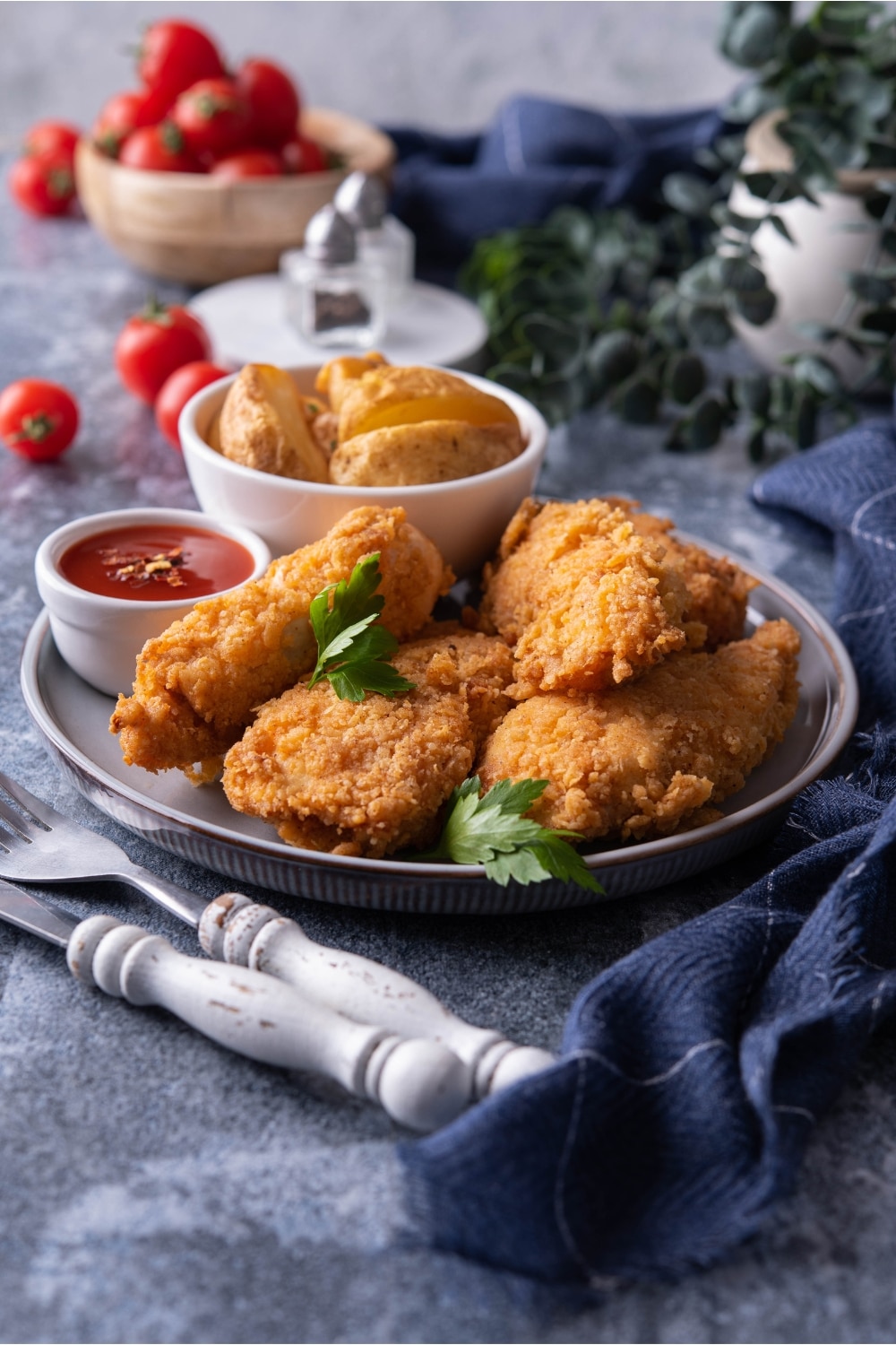 Four chicken tenders overlapping one another on a grey plate that has a bowl of ketchup and a bowl of potato wedges on it.