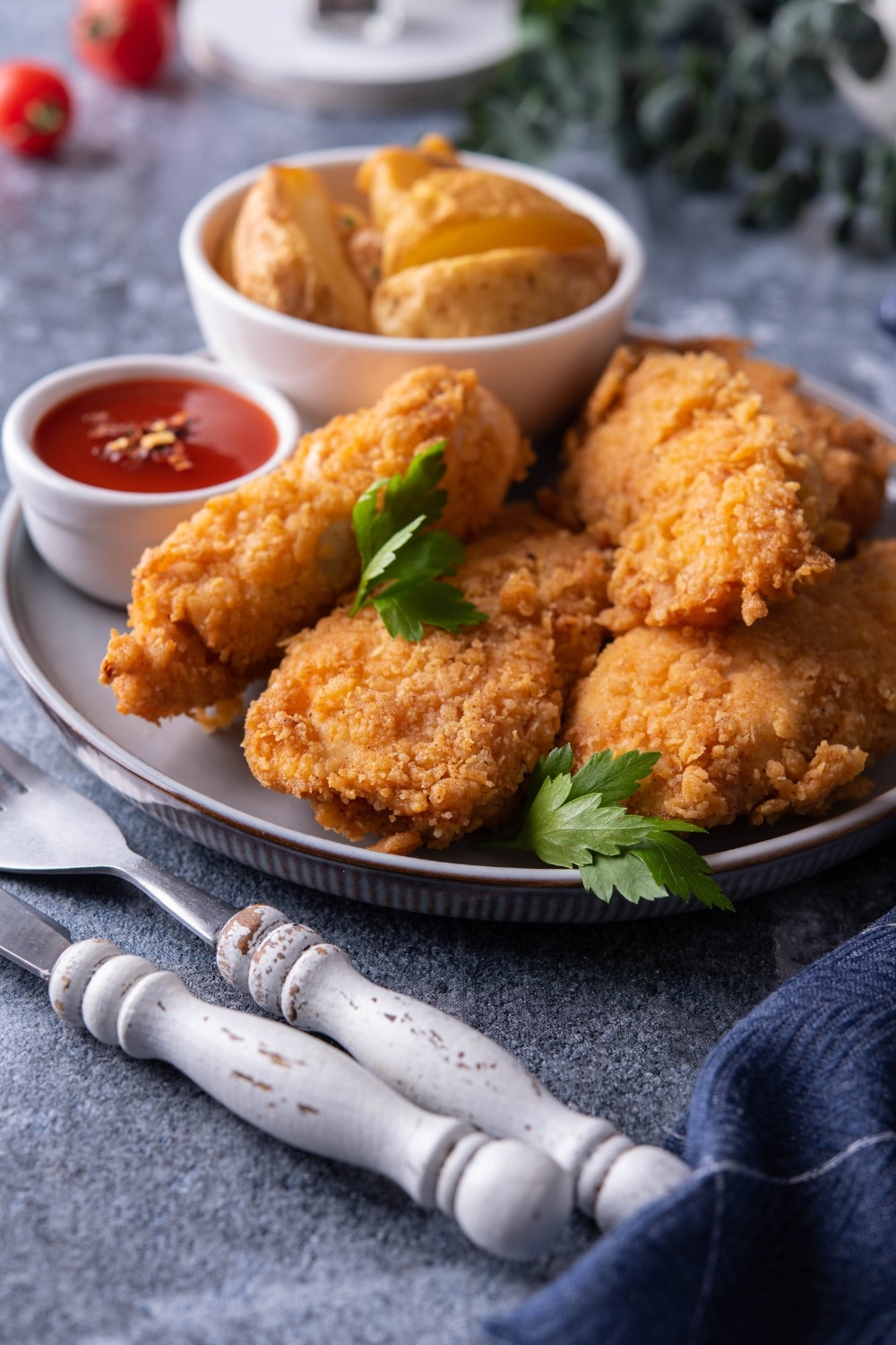 Four chicken fingers, a bowl of ketchup, and a bowl of potato wedges on a grey plate.