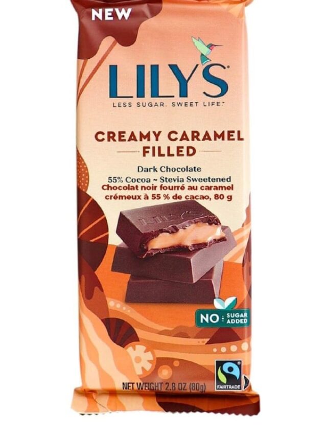 A packaged bar of Lily's creamy caramel filled dark chocolate bar.