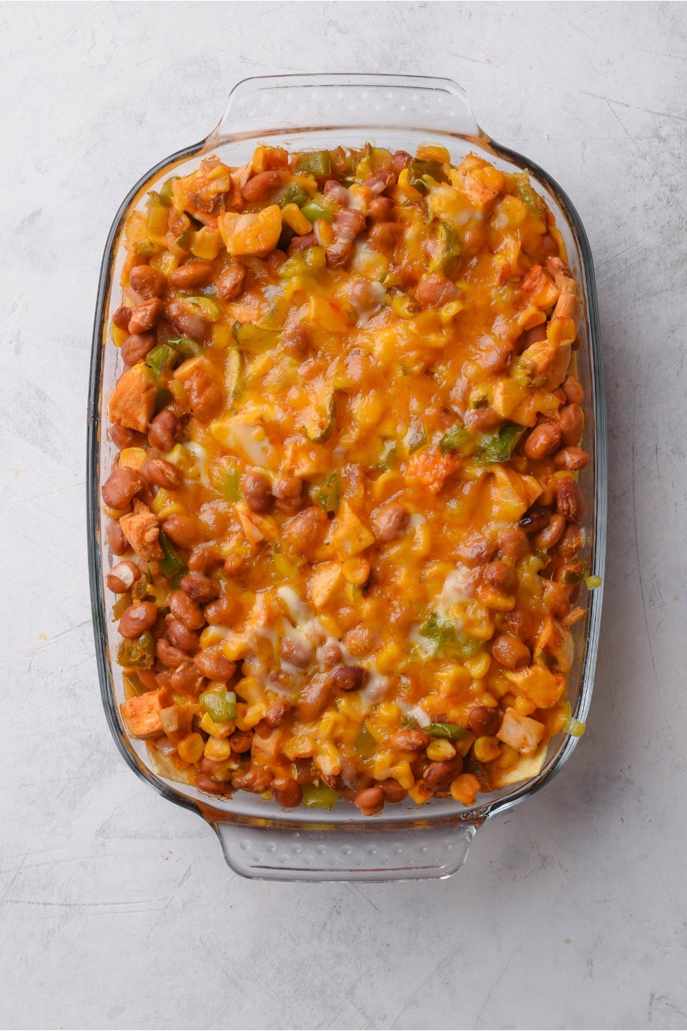 A baking dish filled with freshly baked casserole covered in melted cheese.