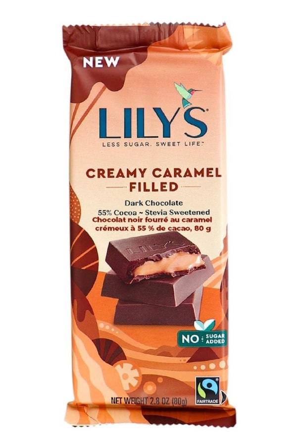 A packaged bar of Lily's creamy caramel filled dark chocolate bar.