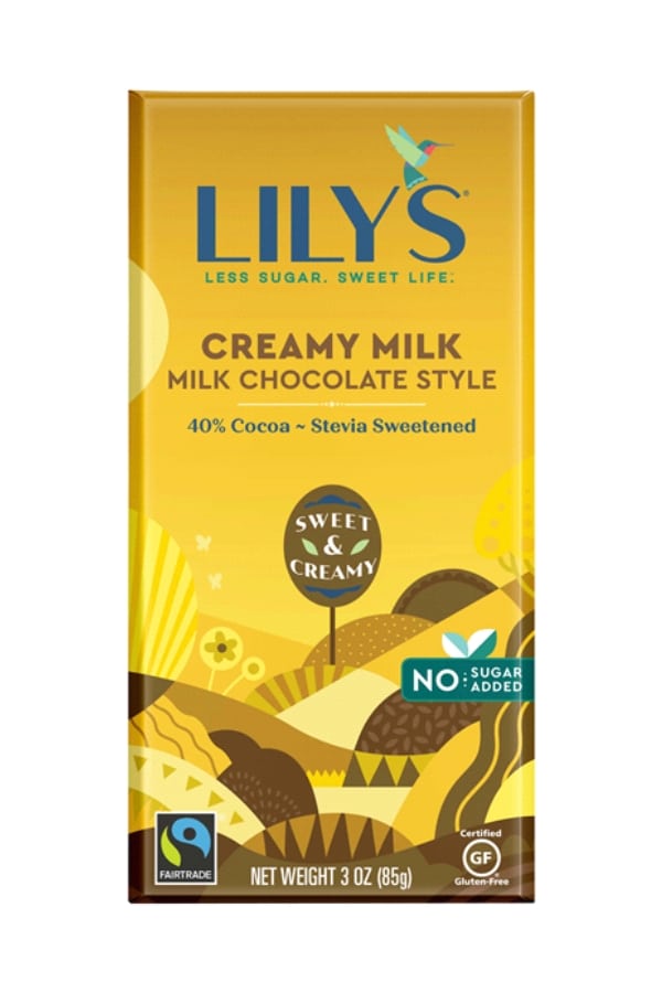 A packaged bar of Lily's creamy milk chocolate.