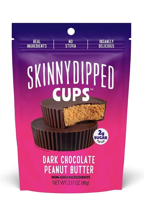 A bag of skinny dipped cups dark chocolate peanut butter.