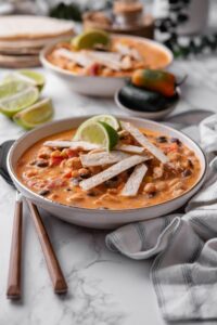 A bowl of creamy soup with diced peppers, corn, beans, and chicken, with crispy tortilla strips and lime wedges garnished on top.