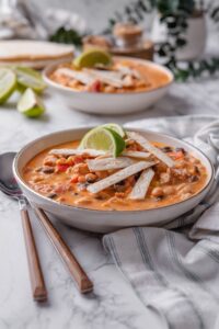 A bowl of creamy soup with diced peppers, corn, beans, and chicken, with crispy tortilla strips and lime wedges garnished on top.