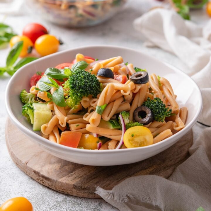 A bowl of pasta salad with black olives, cherry tomatoes, fresh herbs, cucumber, black olives, and broccoli florets.