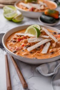 A bowl of creamy soup with diced tomatoes, corn, beans, and chicken, with crispy tortilla strips and lime wedges garnished on top.