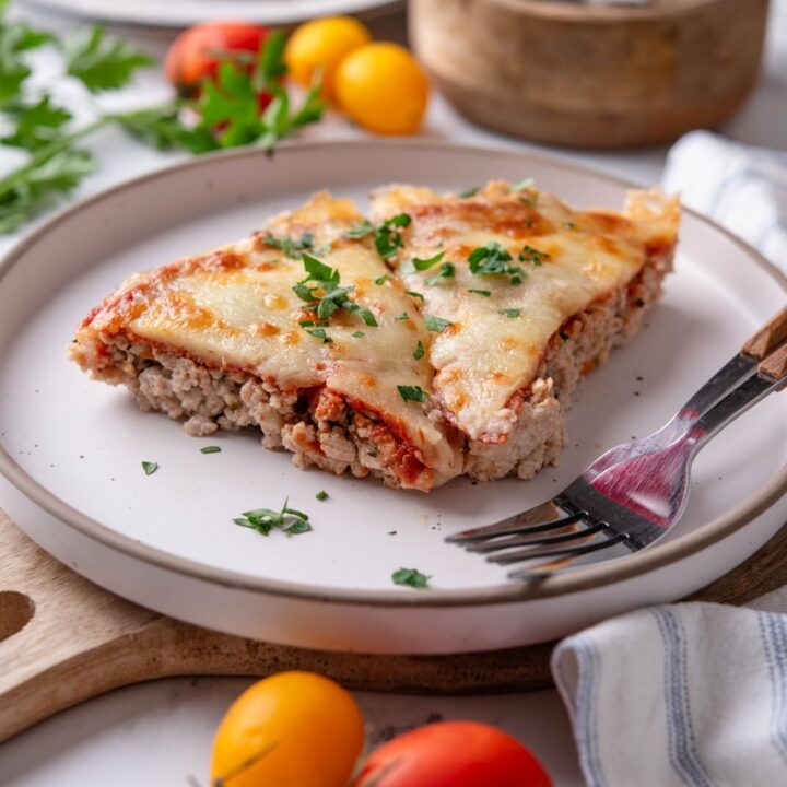 Two slices of crustless pizza garnished with fresh parsley on a white plate and two forks. The plate is on top of a serving board with a striped napkin. There is a second plate of crustless pizza and a wooden bowl in the background.