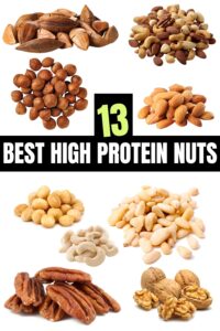 A compilation of 9 different nuts. There is text on that reads, "13 BEST HIGH PROTEIN NUTS" on the image.