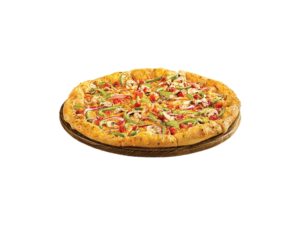 A pizza with sliced vegetables on top of it.