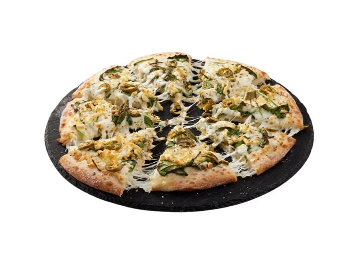 A spinach and feta cheese pizza.