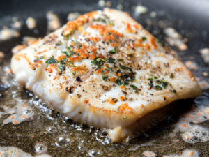A piece of halibut in a skillet.