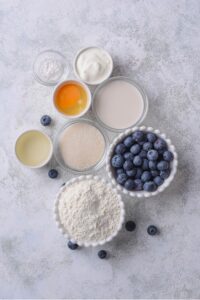 An overhead shot of bowls in a variety of sizes filled with various ingredients including blueberries, a raw egg, flour, yogurt, and milk