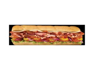 A sub with ham, salami, pepperoni, cheese, peppers, tomato, onion, and lettuce.