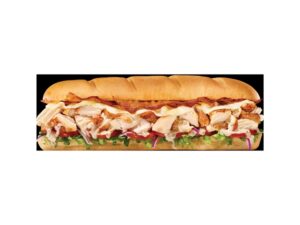 A sub with bacon, chicken, cheese, tomato, and green onion.