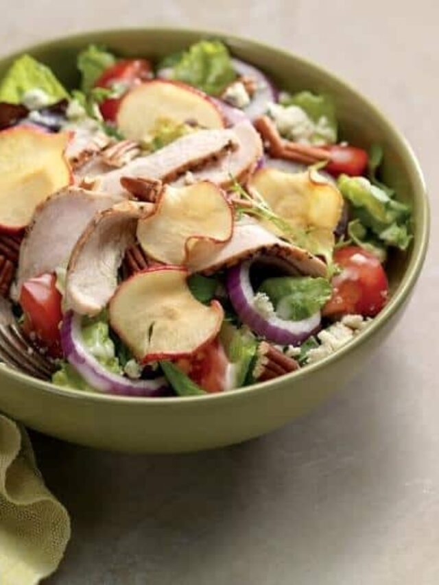 A few apple crisps, red onion, tomato, and sliced chicken in a green bowl with a fork in it.