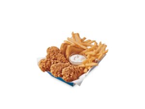 Three chicken tenders with french fries, ranch, and bread.