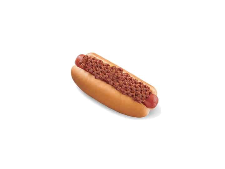 A hot dog with chili on top.