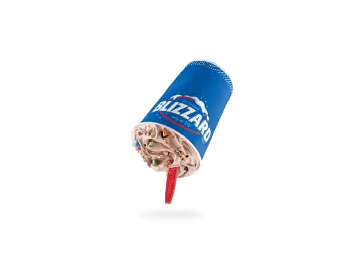 An upside down dairy queen Mini M&M's Chocolate Candy Blizzard.