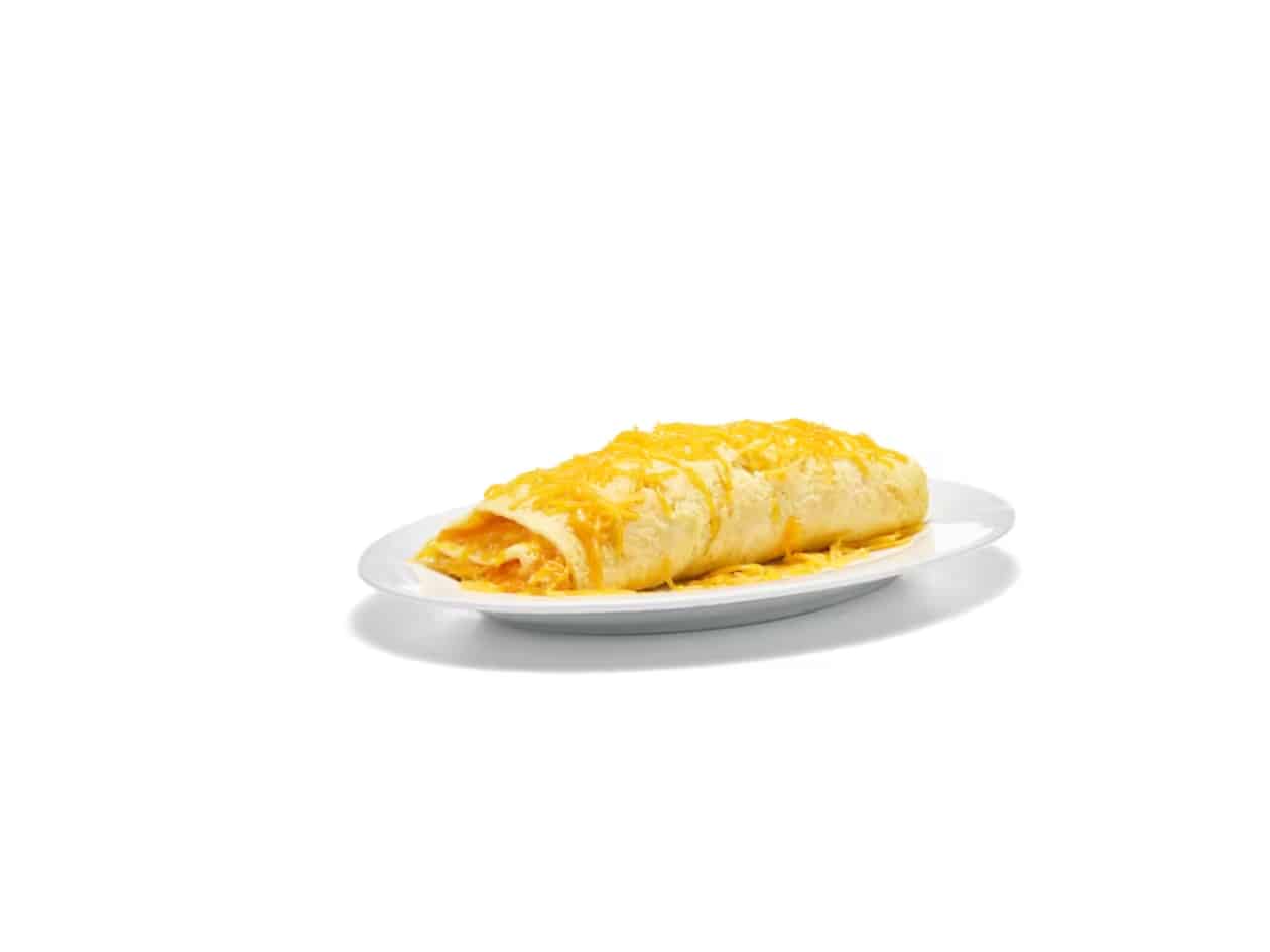 An omelete white cheese on top on a white plate.