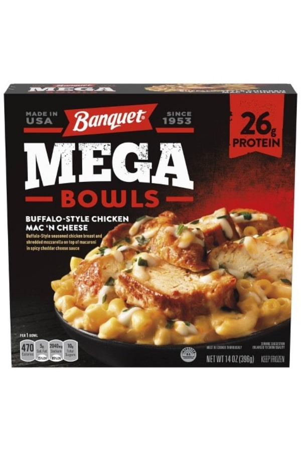 A box Banquet Mega Bowls Buffalo-Style Chicken Mac & Cheese.