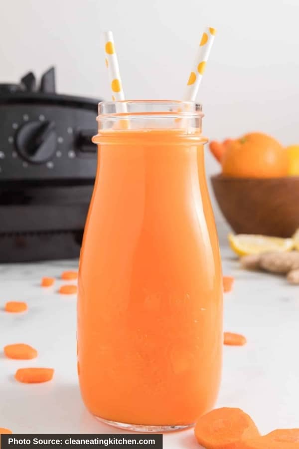 A bottle of Carrot Juice With Orange & Ginger.