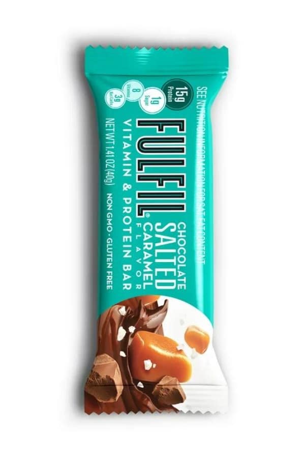 A Fulfil vitamin protein bar salted caramel flavor.